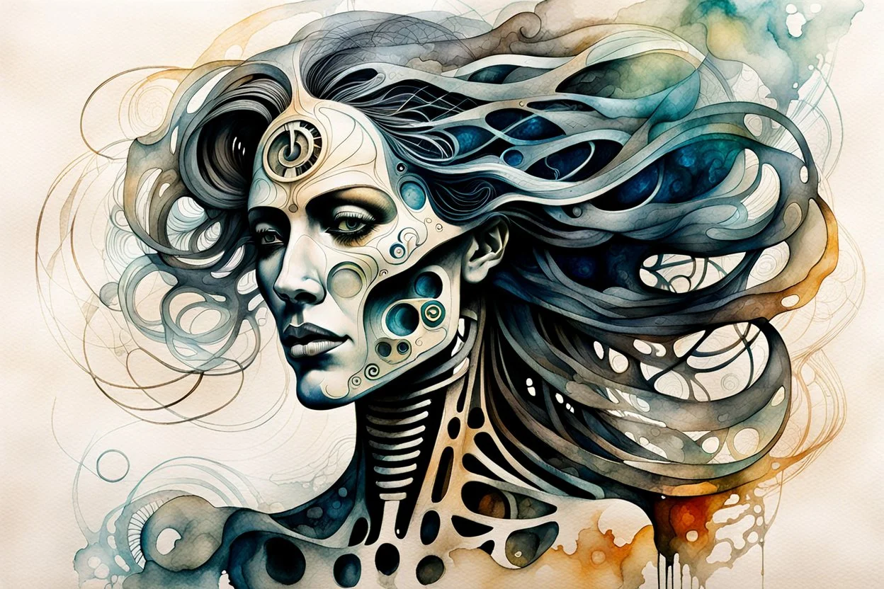 Picasso and Peter Gric style ink wash and watercolor, full body illustration of a biomechanical woman , highly detailed facial features, mixed to anatomical body view, visible skeleton, wildly flowing hair, 8k octane, all in focus, clean face, no grain, ethereal, otherworldly concept art in vibrant natural colors