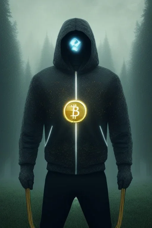 running berserker portrait , no face, black jogging suite , in the night Alps , holding bitcoins , angels background, volumetric gold light, high detail, dark leaf tree, dark mountains in background, perfect