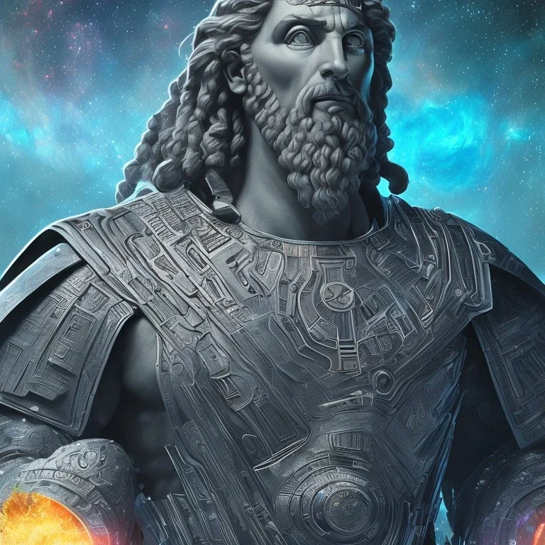 in center is a highly detailed greek colossus surrounded by quantum galaxy codes seeking knowledge, detailed face, dominating colors = gray light blue, lightning,