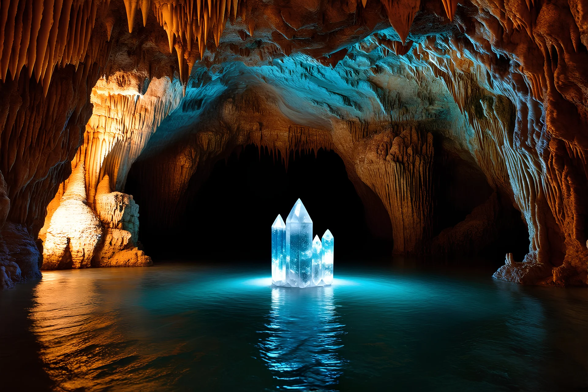 A SINGLE OBJECT: colossal, ancient crystal formation embedded in the heart of a serene, subterranean cavern. casting prismatic reflections across the cave walls. The cavern itself is vast and quiet, adorned with stalactites and stalagmites, creating a natural cathedral-like atmosphere. Soft, diffused light filters in from a hidden source above, bathing the scene in a gentle, mystical glow.