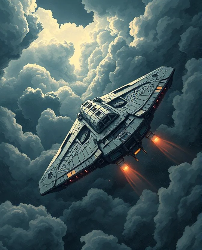 A ufo starship soaring through a stormy sky, in the style of intricate illustrations, mechanical details, dramatic lighting, dark clouds, and turbulent winds, 16K resolution