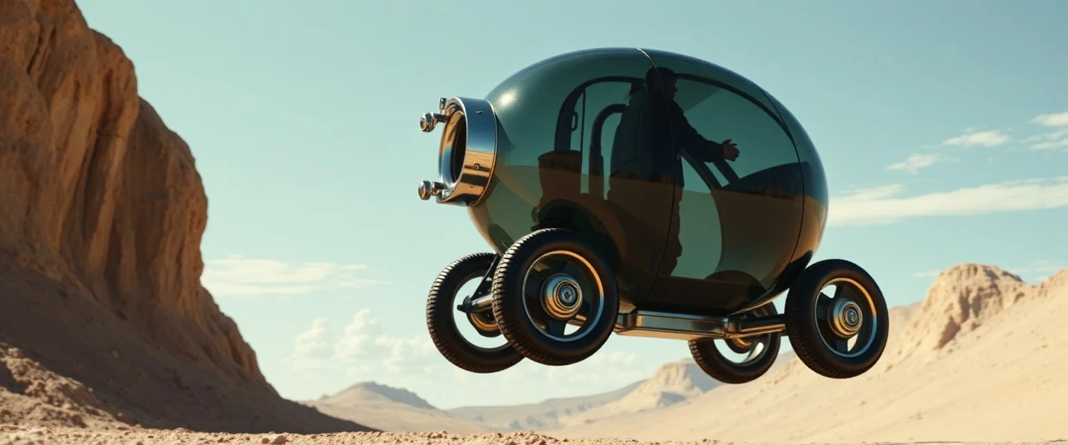 guy standing inside laid back futuristic sci-fi glass human form bomb like car pillar on wheels, two wheels are on the middle tipping point, one in the back and one in the front