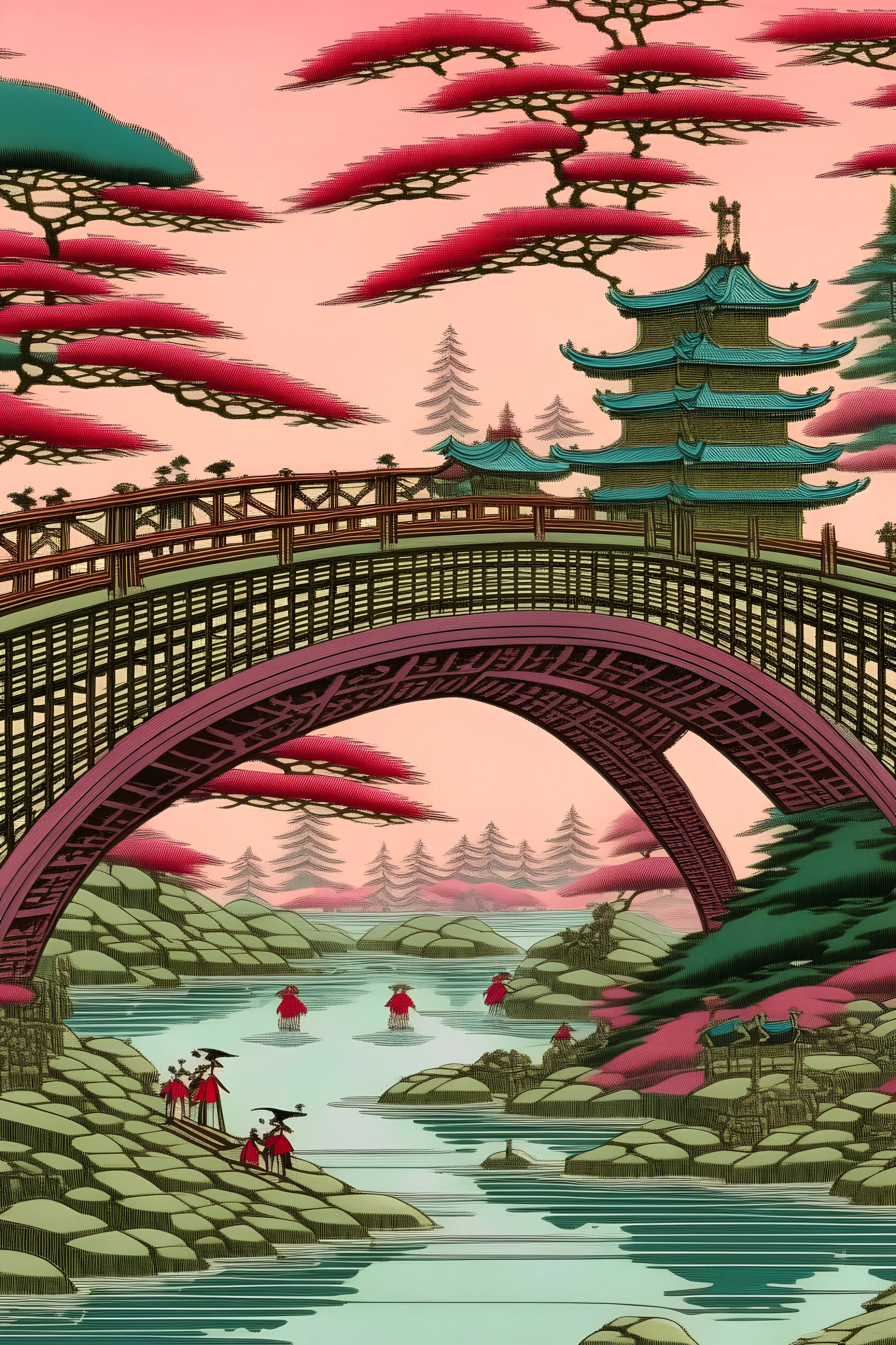 A pink mystical bridge painted by Utagawa Hiroshige