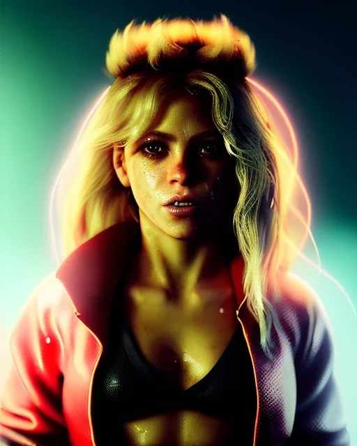 portrait, Shakira, blonde artist, angry, Realistic image, boxing robe, hoodie, mouthguard, nose, band aid, loose long hair, eyes make up, perfect, glow, circle iris. Rain, fog, Neon colors, leds. Dark background, photo studio, neon lights. concept art, smooth, unreal engine 5, god lights, ray tracing, RTX, lumen lighting, ultra detail, volumetric lighting, 3d, finely drawn, high definition, 4k.