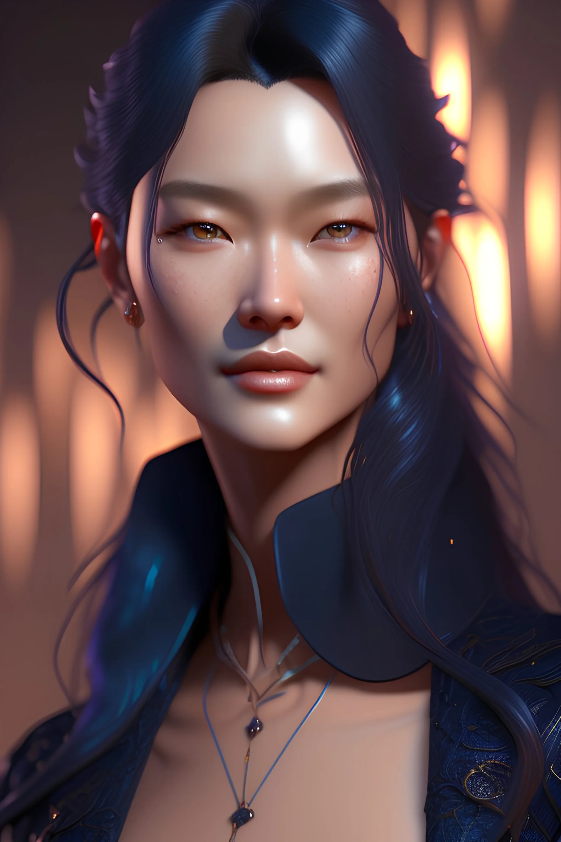 Happy young woman, crow hair, highlights, deep blue eyes, black blouse, light blush portrait, 8k resolution concept art portrait by Young-Sung Kim, Artgerm, WLOP, Alphonse Mucha dynamic lighting hyperdetailed intricately detailed Splash art trending on Artstation triadic colors Unreal Engine 5 volumetric lighting"