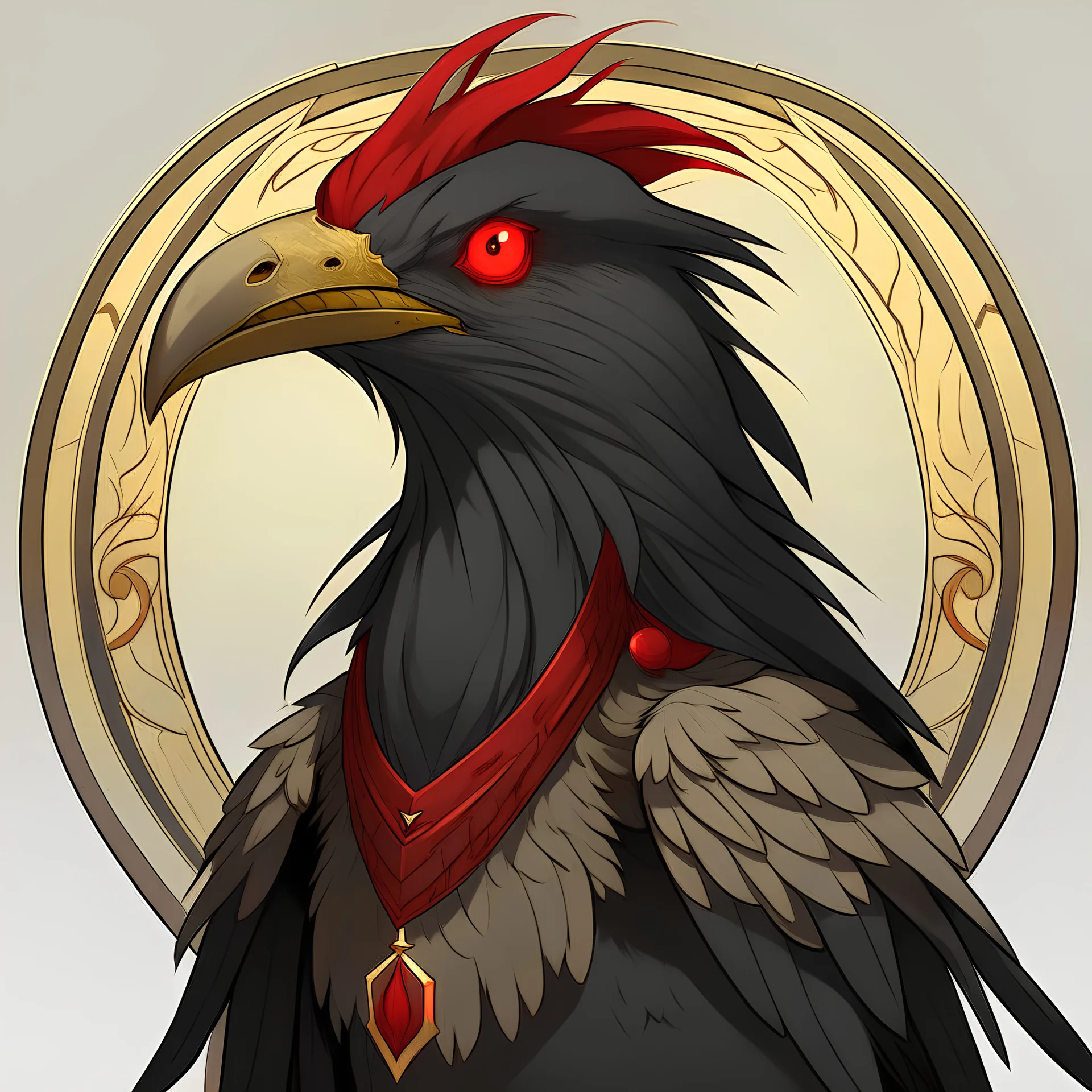 An Aarakocra D&D with black and red feathers, yellow beak, red eyes