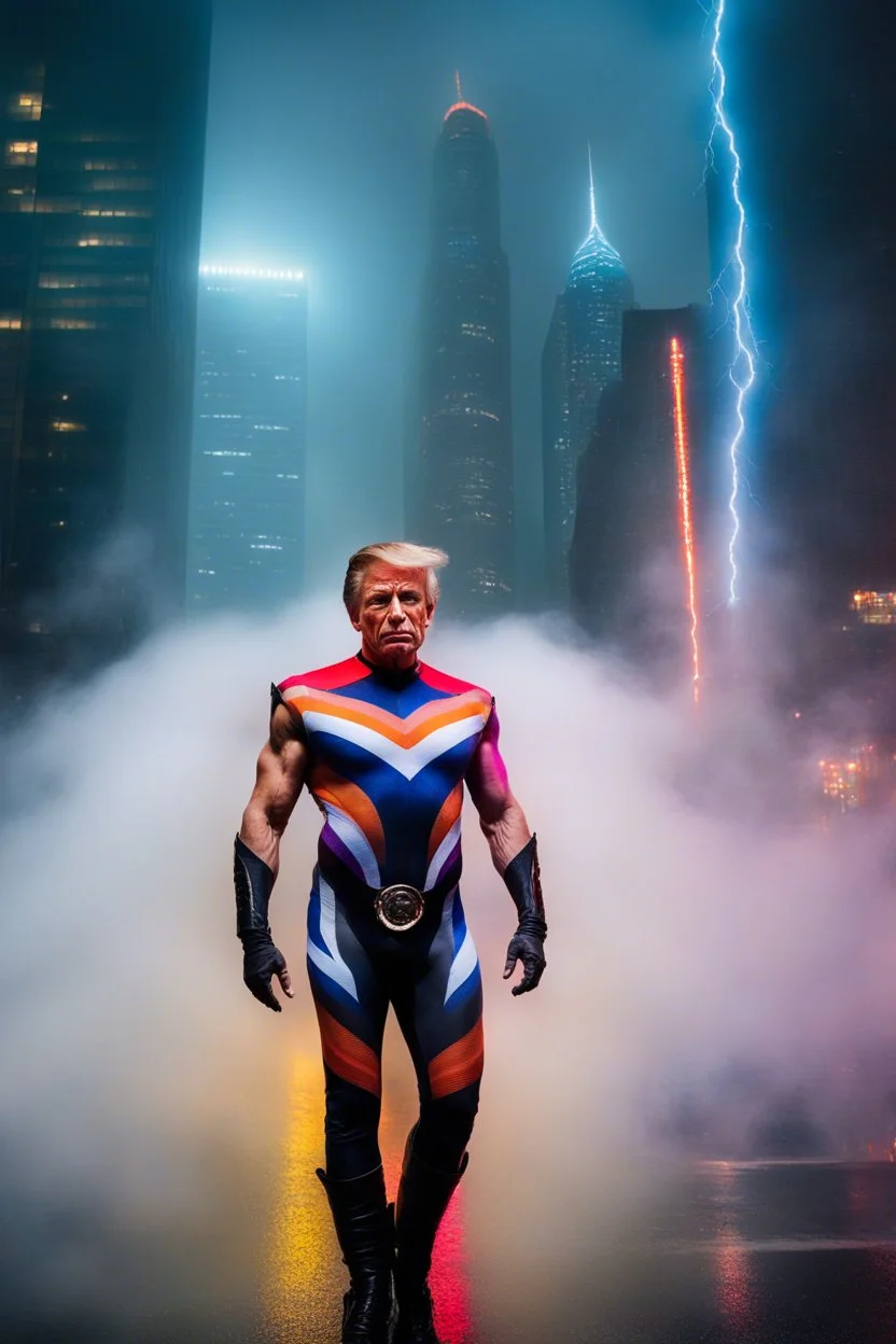 Extremely Muscular, Donald Trump as 'Maga Man,' Extremely Muscular, overly exaggerated muscles, Skintight, formfitting bodysuit, cape, boots, Multicolored vortex, multicolored lightning, neon lit futuristic cityscape, mist, fog, speed, extremely overexaggerated musculature, "MAGA MAN"