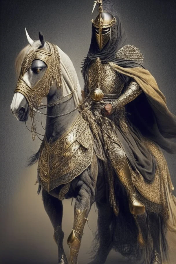 Arab warrior Full Body Full Armored Wearing Face Masculine Mysterious Powerful Fantasy High Quality Carrying his bow Golden clothes His horse behind him