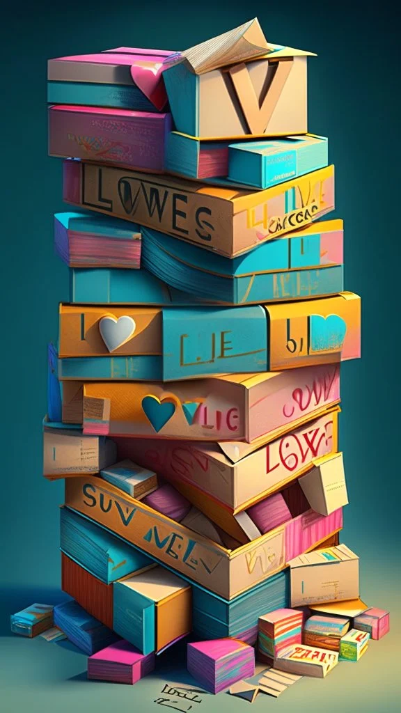 Stacked boxes stuffed with overflowing love letters, realistic, professional, art, detailed, vibrant colors.