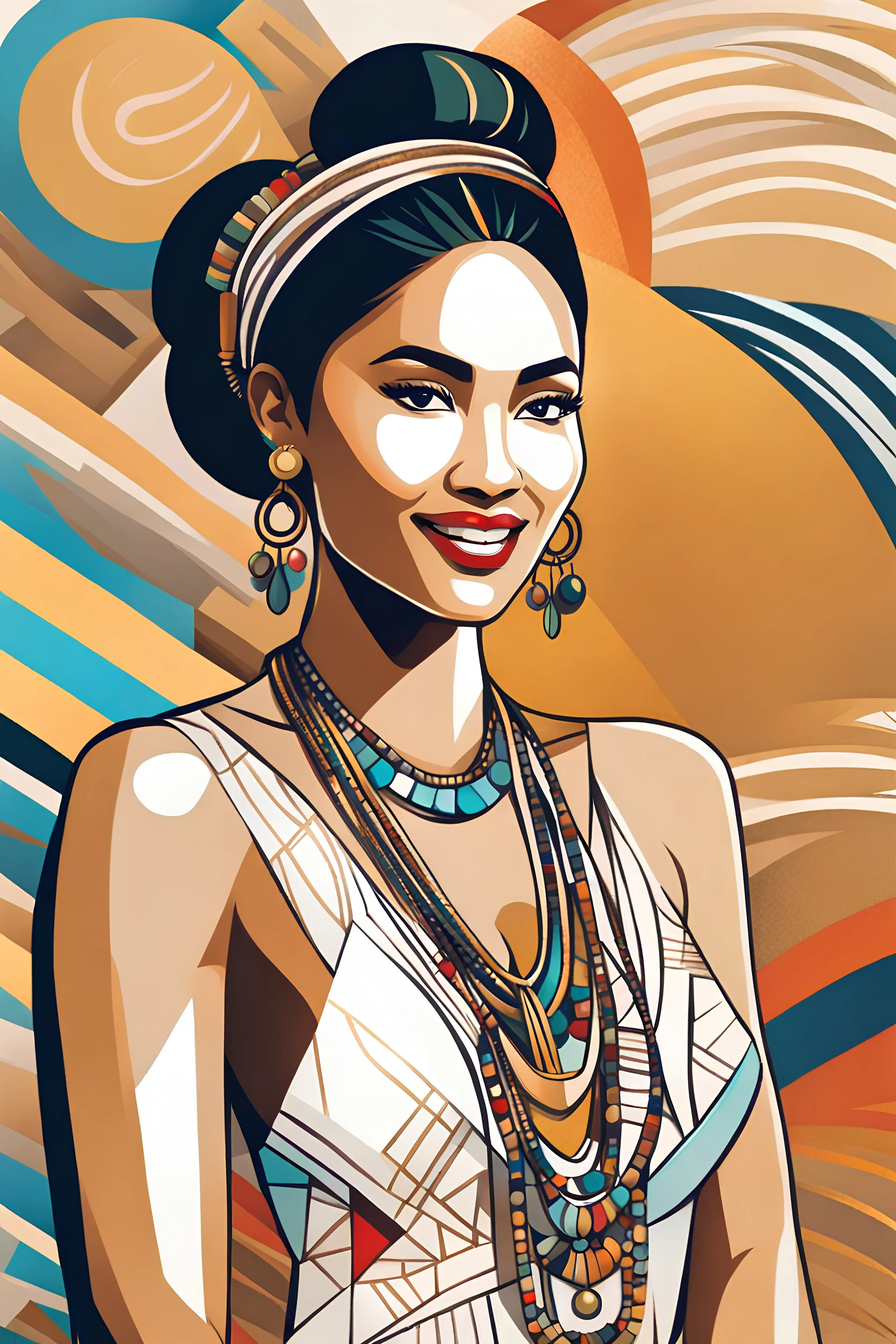 Full color hand drawn sketch, cubism style, grainy, use shadows and shading, visible pencil strokes, an Indonesian woman with striking eyes, white tribal dress, low cut top, native necklaces, visible skin texture, slim and pale tanned-skinned native Indonesian woman, hair in a bun, Bokeh background, golden ratio. Supermodel beautiful and smiling, facing the camera