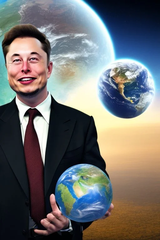 Elon musk holding planet earth in his hands and laughing