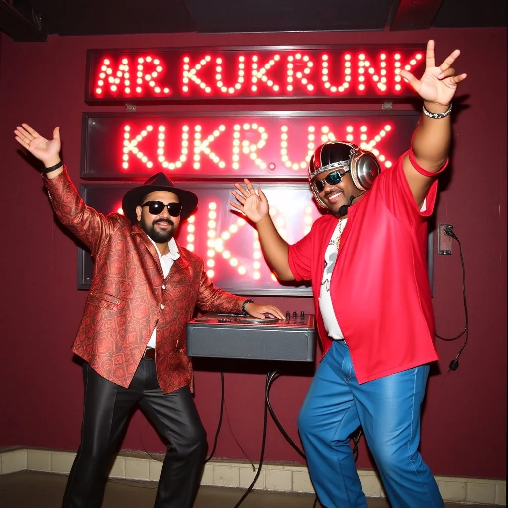 MR Kukrunk is Benny and DJ Roy in a disco, dancing, "Kukrunk" on sign wall
