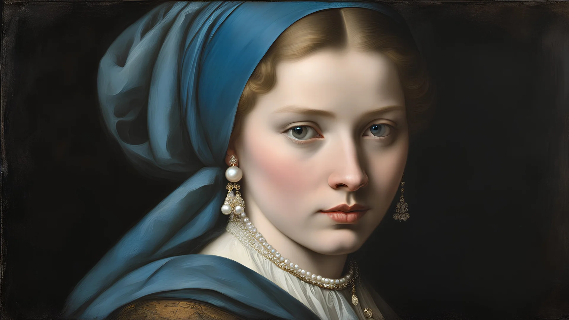 17th-century Dutch portraiture of a young woman adorned with a pearl earring, blue headscarf framing her face, against an enveloping dark background, light whispering across her visage from the left, earthy palette dominating the scene, stark interplay of light and shadow, head gently turned, her gaze subtly meeting the viewer's eyes, octane rendering, dramatic lighting, rich details.