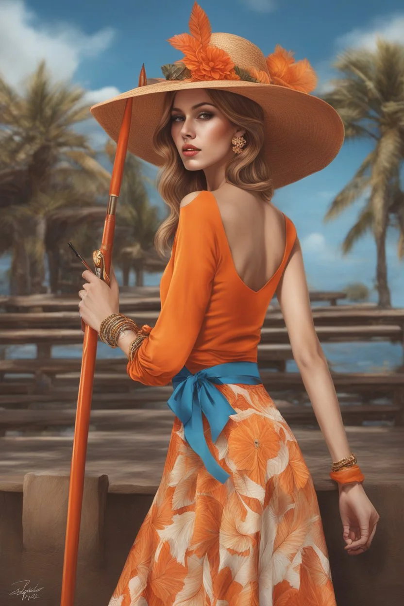 Full body of beautiful girl nami, Hair Color: Orange, Style: Wavy, Outfit Top: Blue, Outfit Bottom: Orange, Shoes: Brown, Accessories: Tangerine, Weapon: Clima-Tact, Hat: Straw, Tattoo: Pinwheel, Earrings: Hoops, sophisticated,, beautiful woman, hyper realistic, hyperrealism, photoreal, realistic, photorealistic, soft pastels, full-body, standing, long shot, wide angle, aesthetic