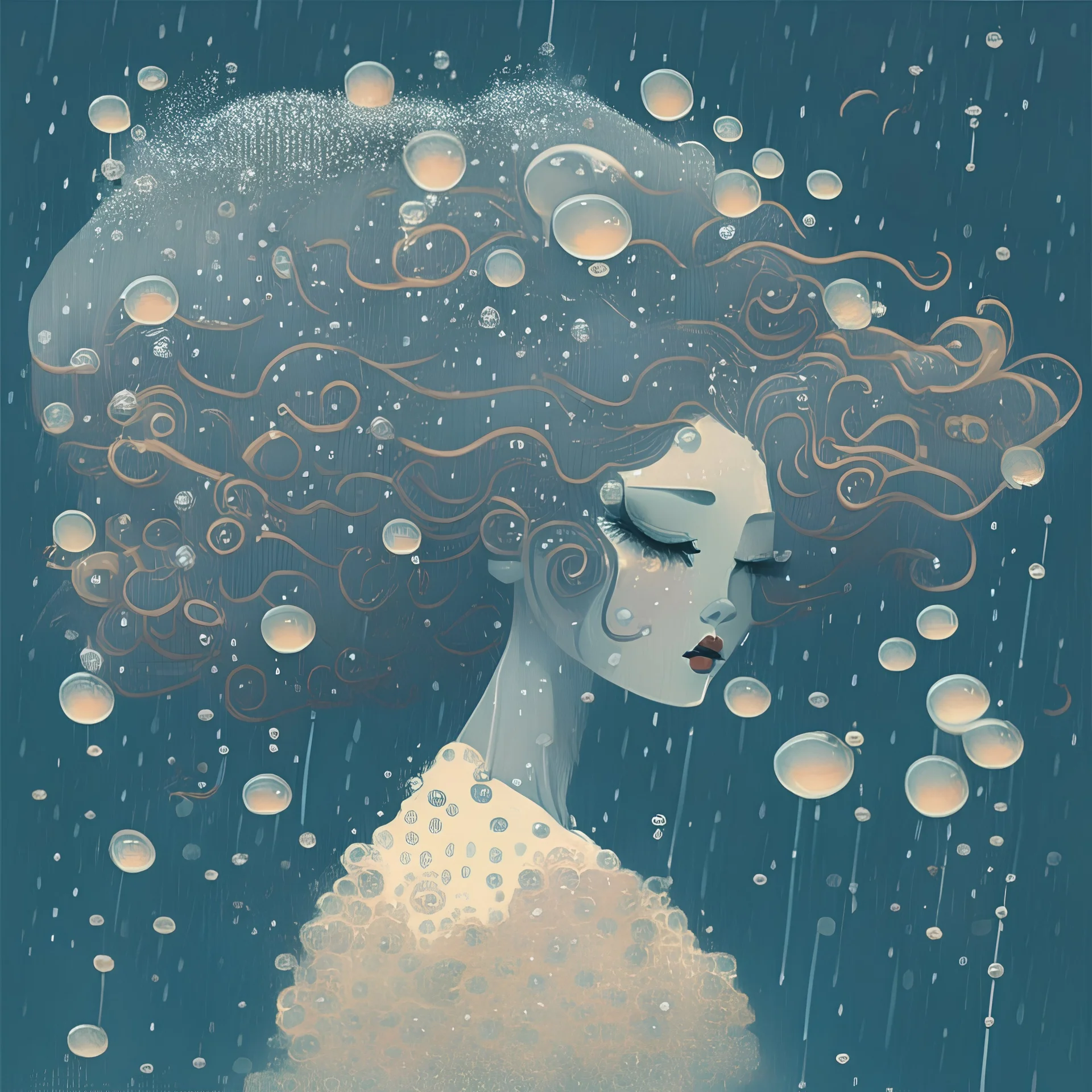 Hair and bubbles in the rain style of erte