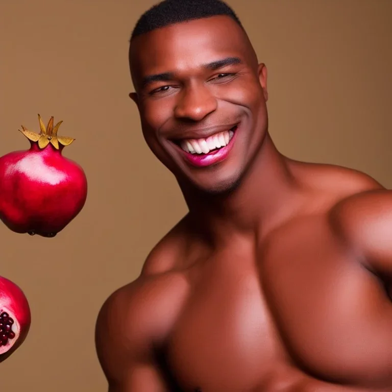 Buff black man gives you an Pomegranate and smiles at you