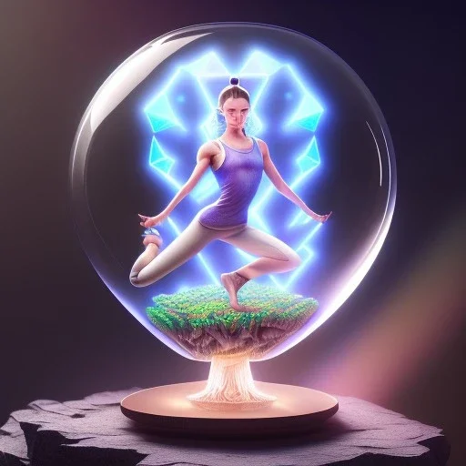 young humanoid yoga master in a glass time glass mushroom, power surge , maze background , levitated lab equipment, 4k, Highly Detailed, Masterpiece, perfect eyes, Digital Illustration, Cinematic Lighting, Realistic, Sharp Focus, Centered, Beautifully Lit, Bioluminescent by Stanley Artgerm Lau