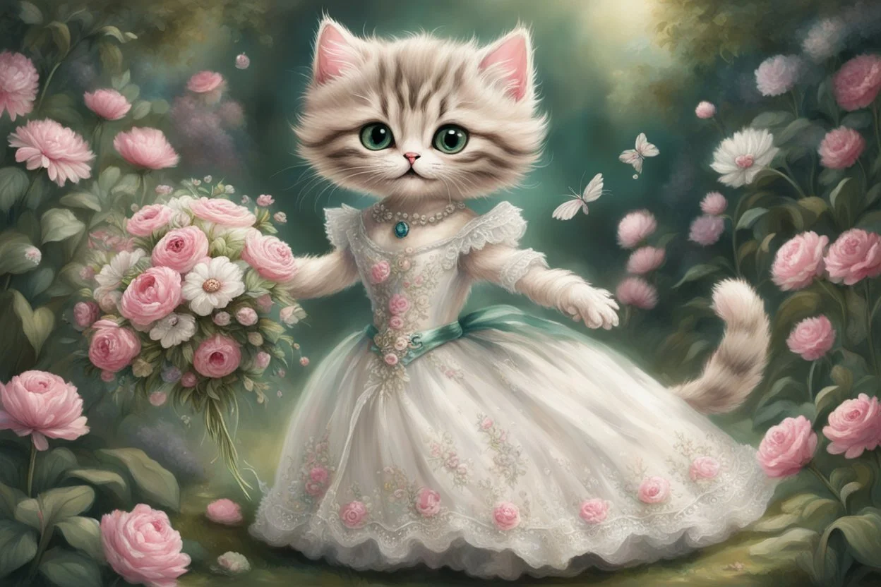 an anthropomorphic, kitten bride happily throwing a bouquet in a beautiful garden. The kitten has fluffy fur in shades of light brown and grey with distinct tabby markings on its face. Its large, expressive eyes are a deep emerald green and it has a small, pink nose. The kitten is wearing embroidered white lace bride dress, tulle, gemstones, pearls, adorning the hem and bodice. Behind her, a celebrating crowd, cats and people dressed in elegant clothes, wedding food and cake on the tables. Behin