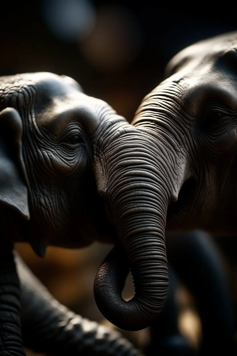 macro photo of elephants kissing over swirls,shot on Hasselblad h6d-400c, zeiss prime lens, bokeh like f/0.8, tilt-shift lens 8k, high detail, smooth render, down-light, unreal engine, prize winning