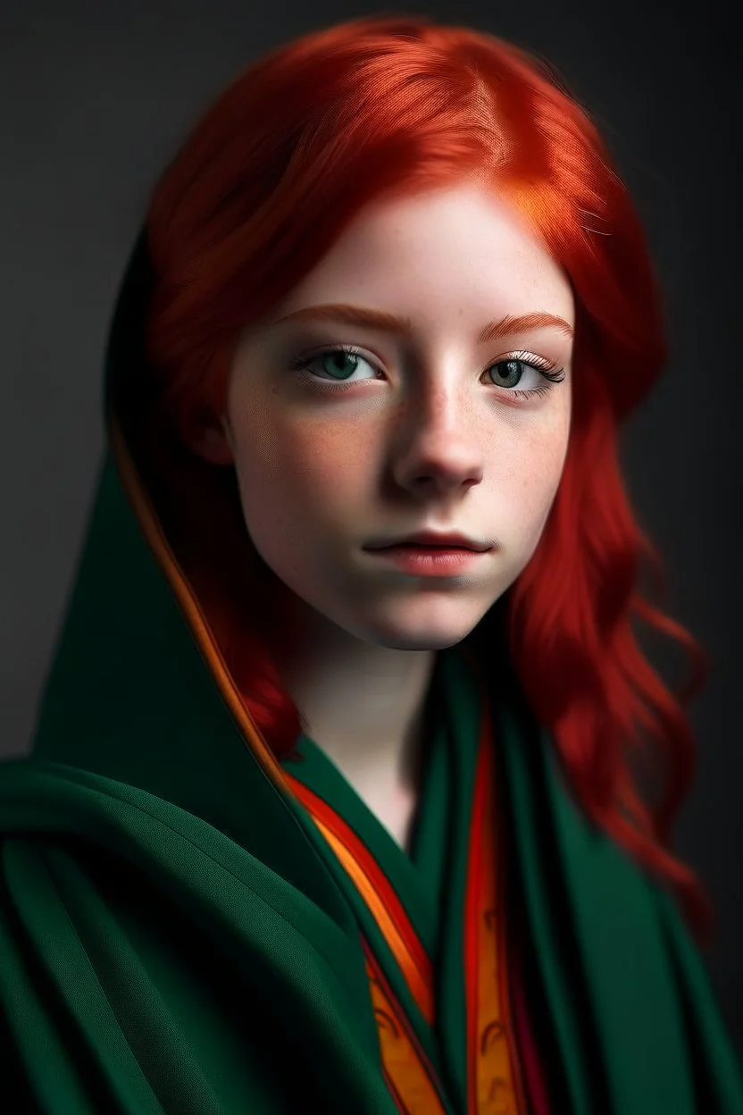 A girl with red hair and green eyes and she is wearing a Hogwarts robe