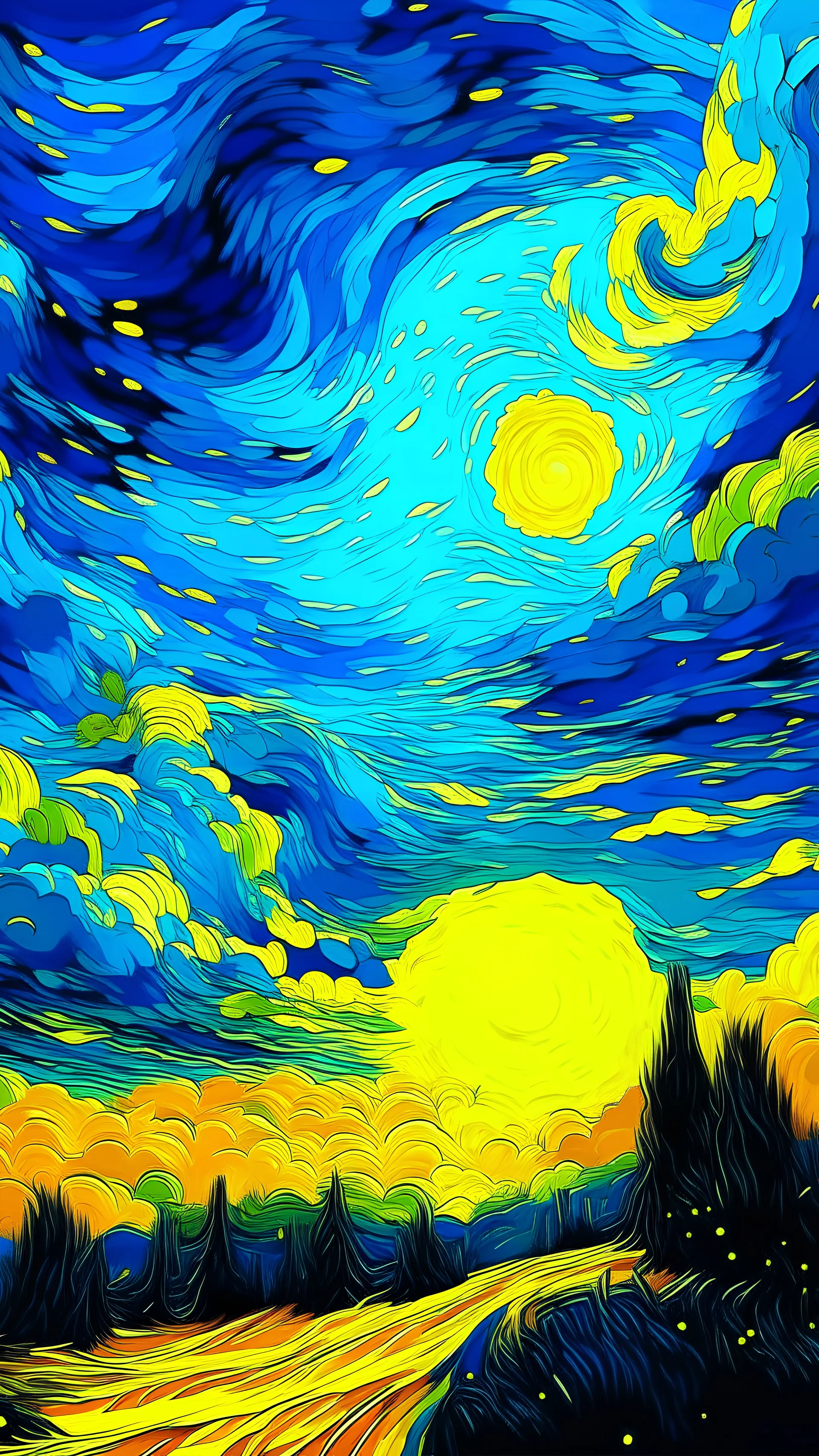 blue yellow sky, anime style, in the style of vincent van Gogh, only sky