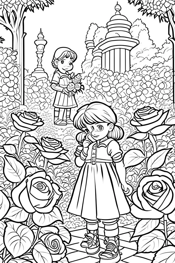 kids coloring page, rose garden, cartoon style, thick lines, low detail, no shading