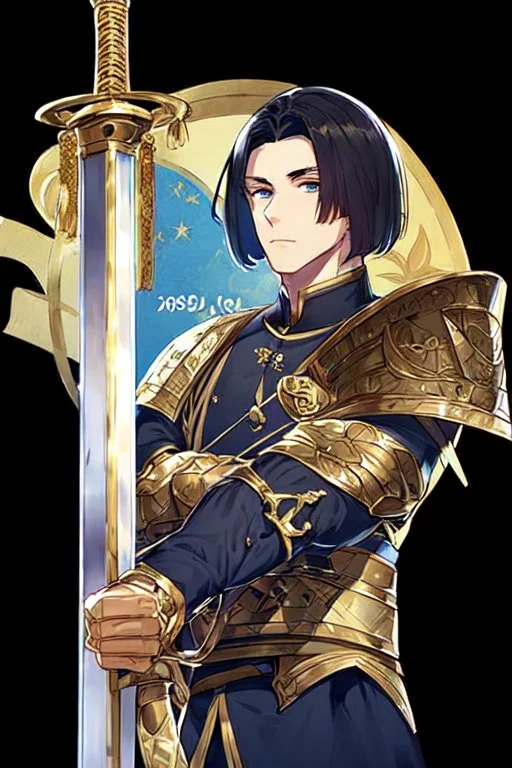 A handsome 30 year old knight, black hair, dark blue eyes, male bob haircut, in black-and-gold plate armor, golden katana in hands, no beard, european, portrait