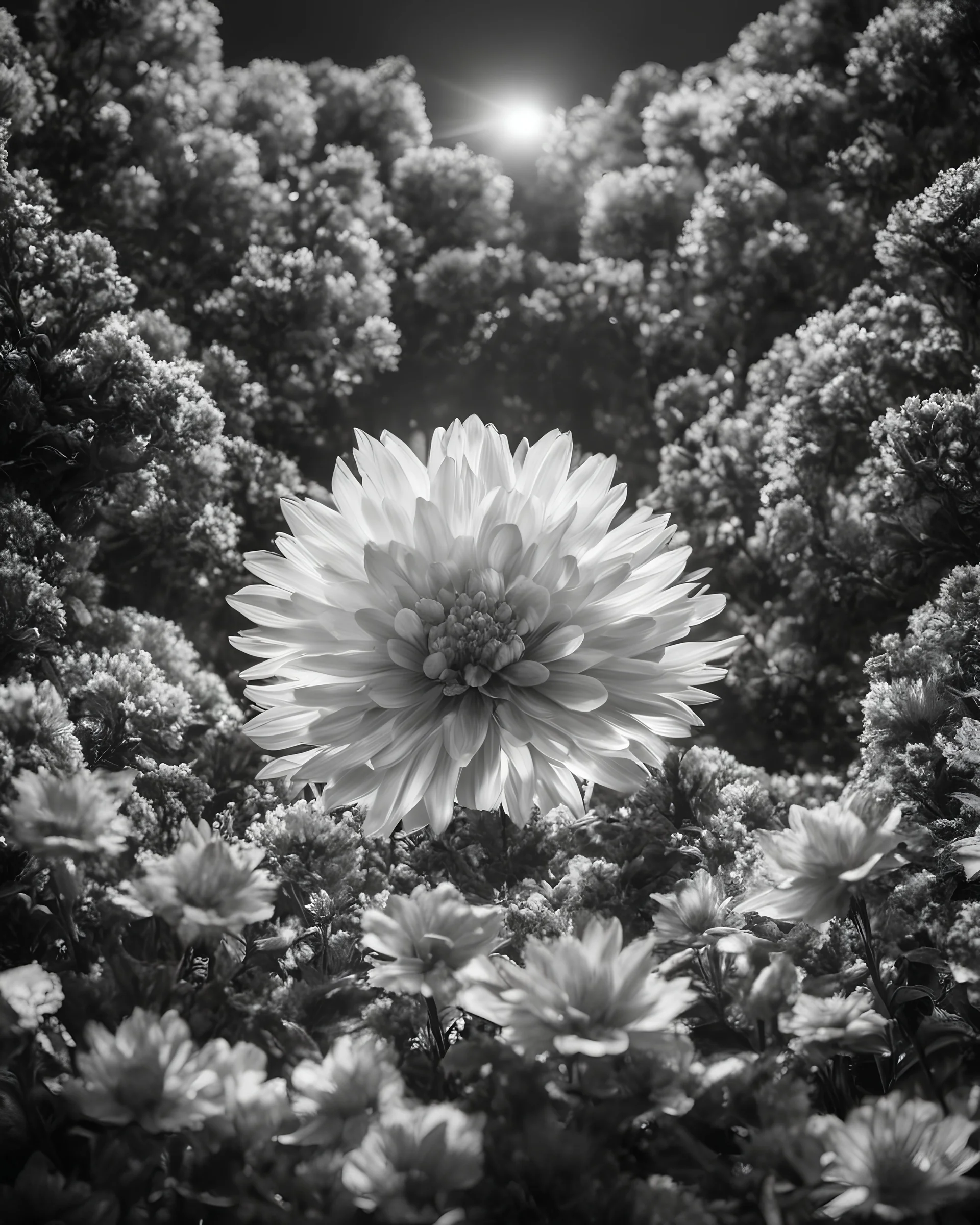 Atomic explosion made of flowers, ULTRA REALISTIC, B&W Photograph, cinematic, cinematic shot, dynamic composition, details, intricate detail, professional lighting, film lighting, 35mm, anamorphic, lightroom, cinematography, bokeh, lens flare, film grain, hdr10, 8k, Roger Deakins, incredibly detailed, reflect, sharpen