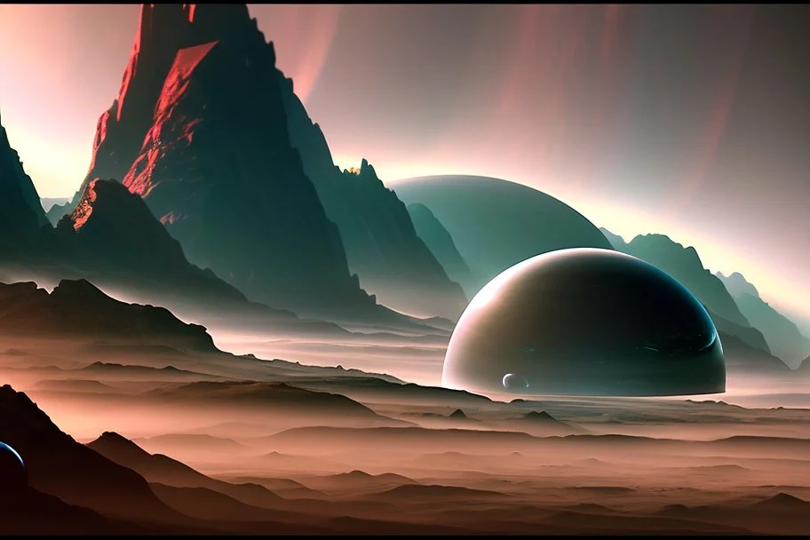 Alien landscape with Epic explanet with rings in the sky, valley, cinematic