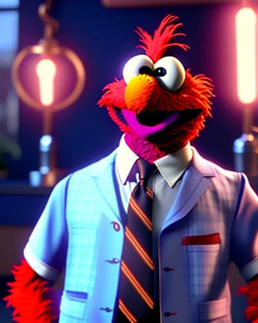 hybrid character, Elmo muppet head, realistic man body, human arms and hands, Shirt and tie, concept art, smooth, unreal engine 5, god lights, ray tracing, RTX, lumen lighting, ultra detail, volumetric lighting, 3d, finely drawn, high definition, 4k.