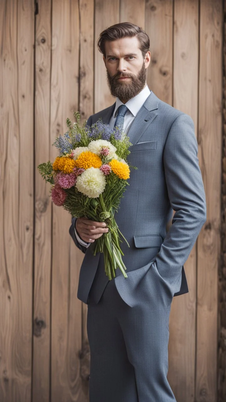 Man with medium beard in full suit holding a bouquet of flowers in a site environment in the background of a wooden wall