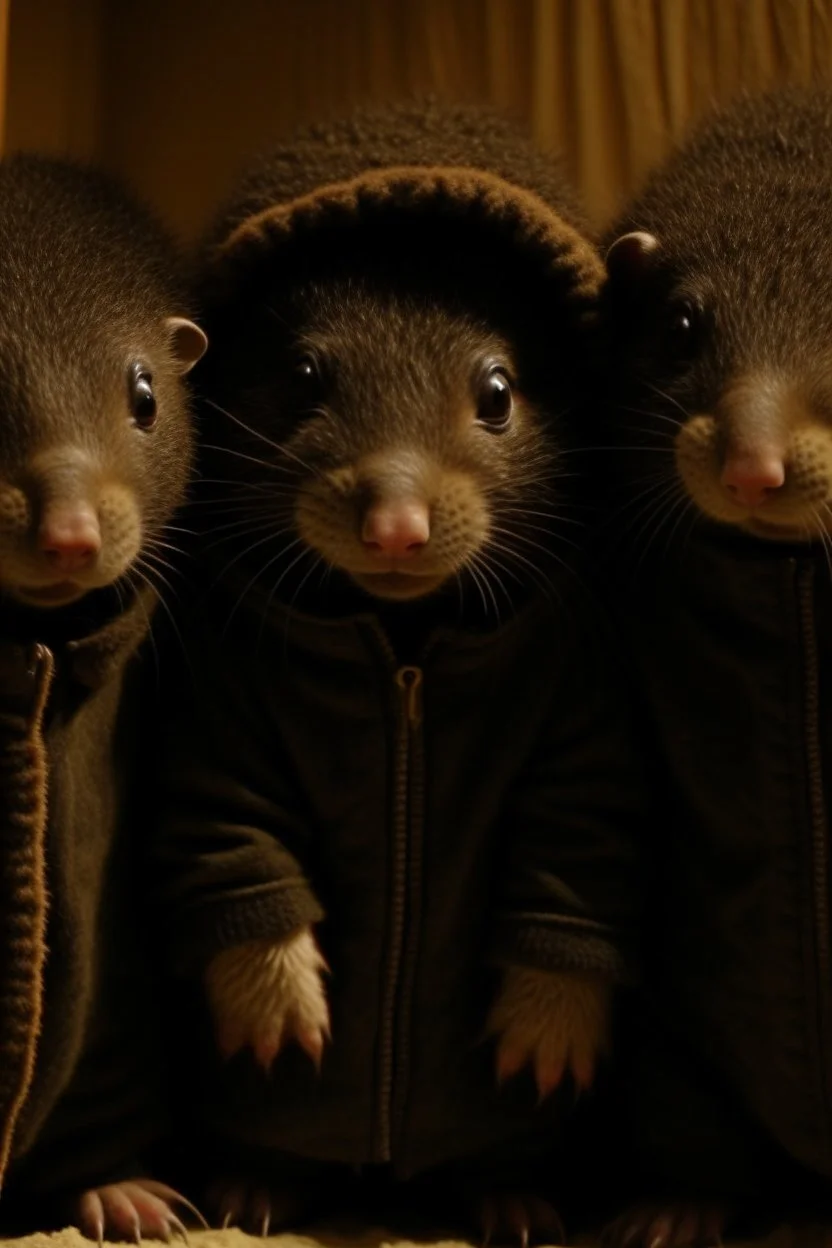 Three moles inside an adult jacket. Movie scene.