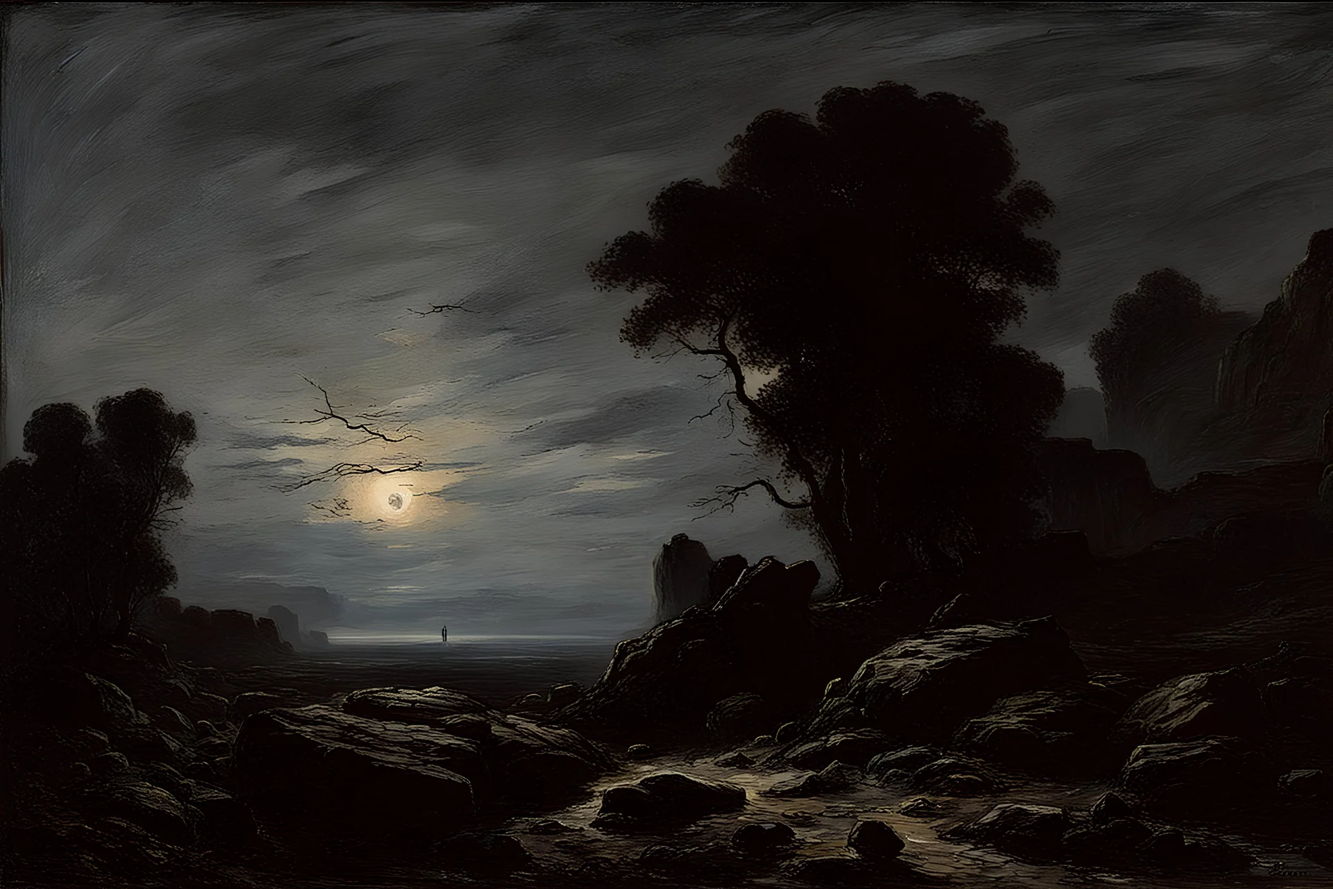 Night, rocks, trees, begginer's landscape, horror gothic movies influence, friedrich eckenfelder and willem maris impressionism paintings