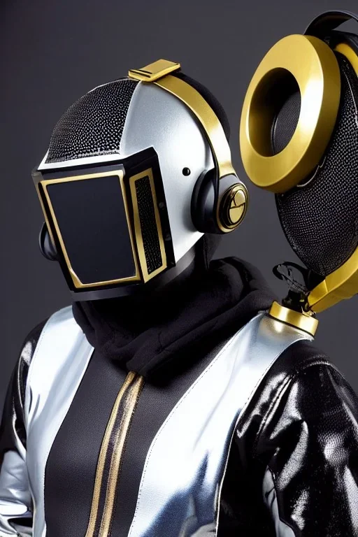 Metallic Cyber-punk style man with a web-camera-mask and old AKG-style headphones with golden. Large fencing mask covers man's cheeks. Man in good body shape. Reflective plastic body surface skin, full-coverage. Body and head full of integrated old-fashioned cameras and an old telephone. Silver to black latex surfaces body. Perfect body. Equations, Euclidean 3D-tiling, Escher tiling. Cables in head. Daft Punk 1996. Matrix black leather jacket with a Hood. Chains.