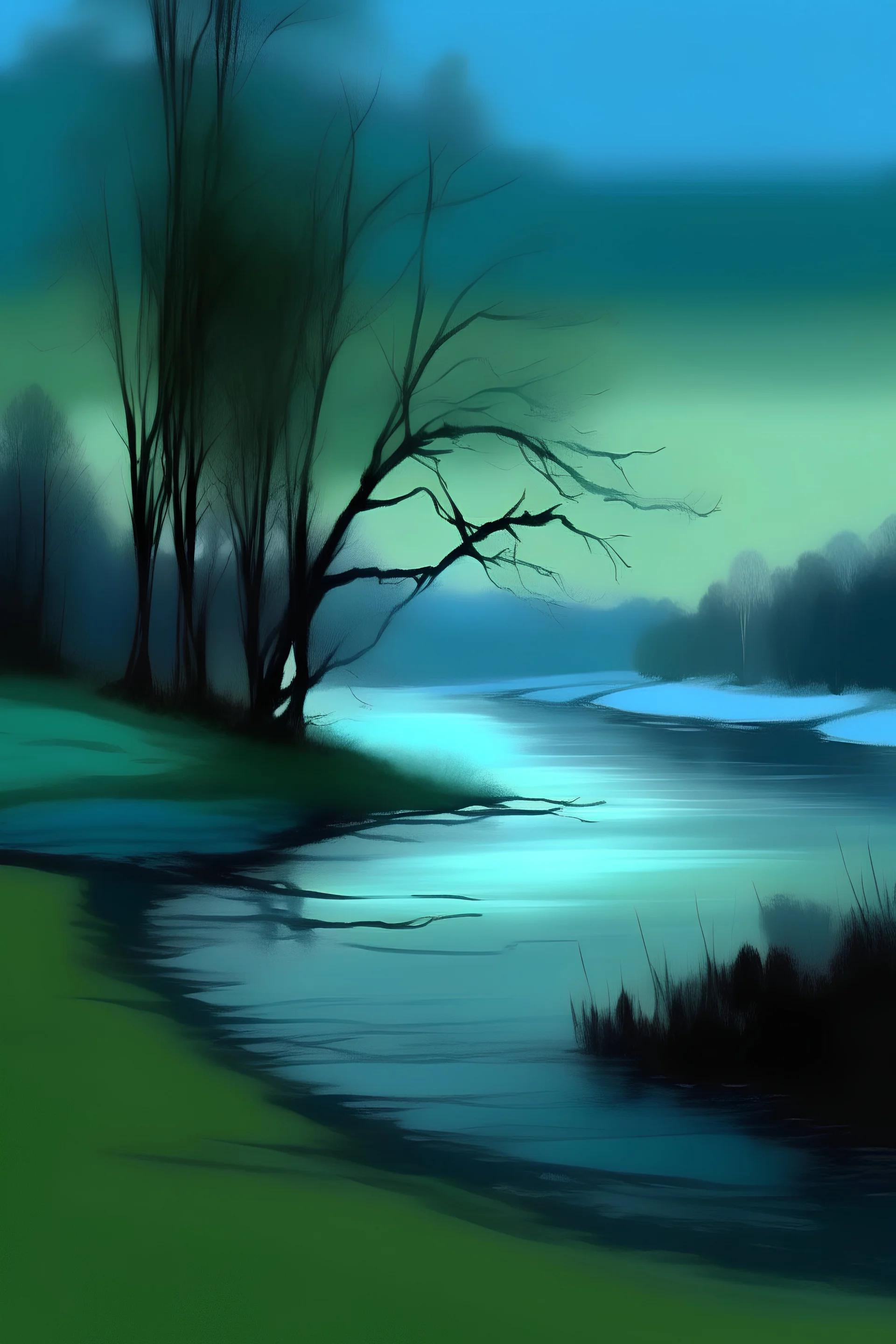 Atardecer, invernal, paleta de azules y verdes, con un árbol y un río. Al estilo de turner