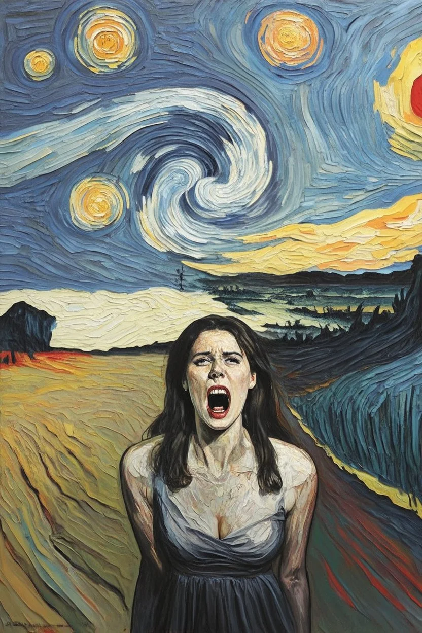 Artwork entitled "Lying Weaselspeak" has a woman screaming in a similar manner to Edvard Munch's "The Scream" caught in a vortex stylized like a post-impressionist painting; symbolism; lowbrow