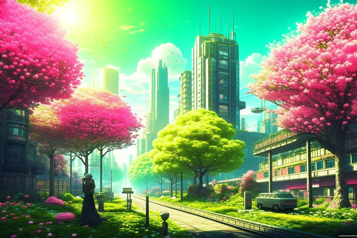 city, flowers, trees, sunny day, spring, sci-fi, cyberpunk influence