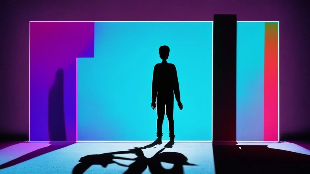 shadow made of different colors of a person looking for information on a large screen