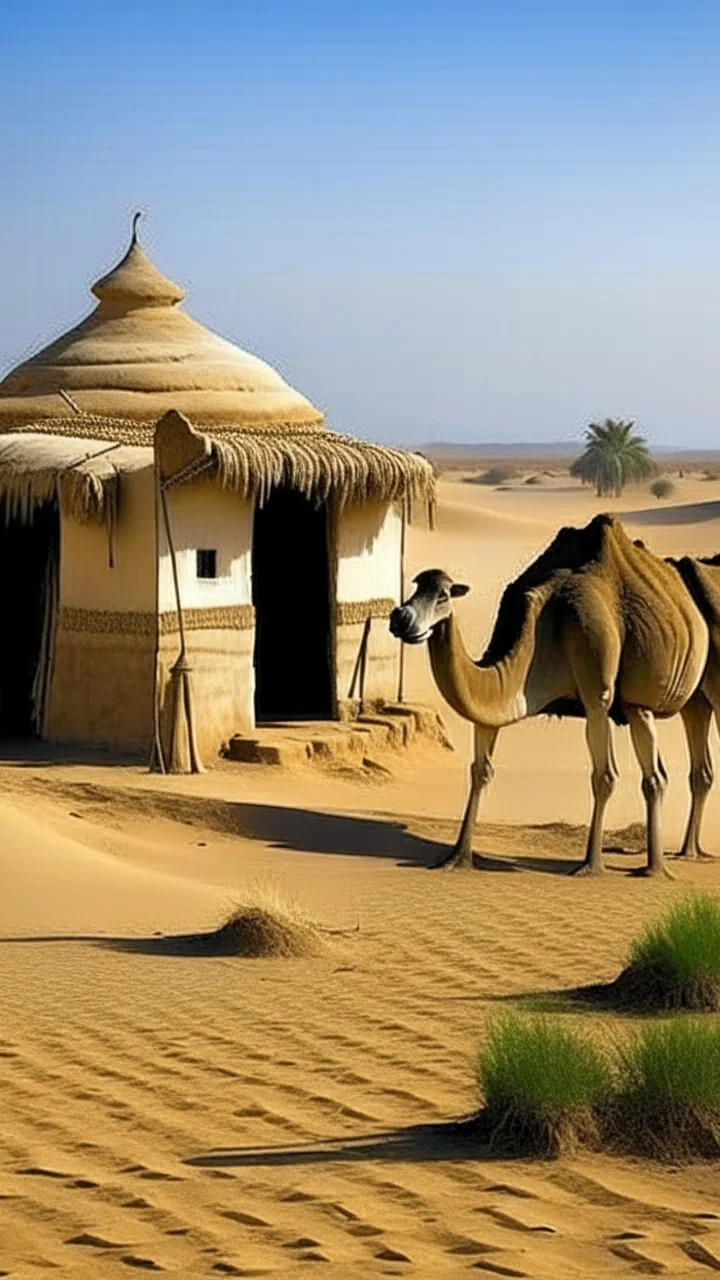 camels on desert, mud house