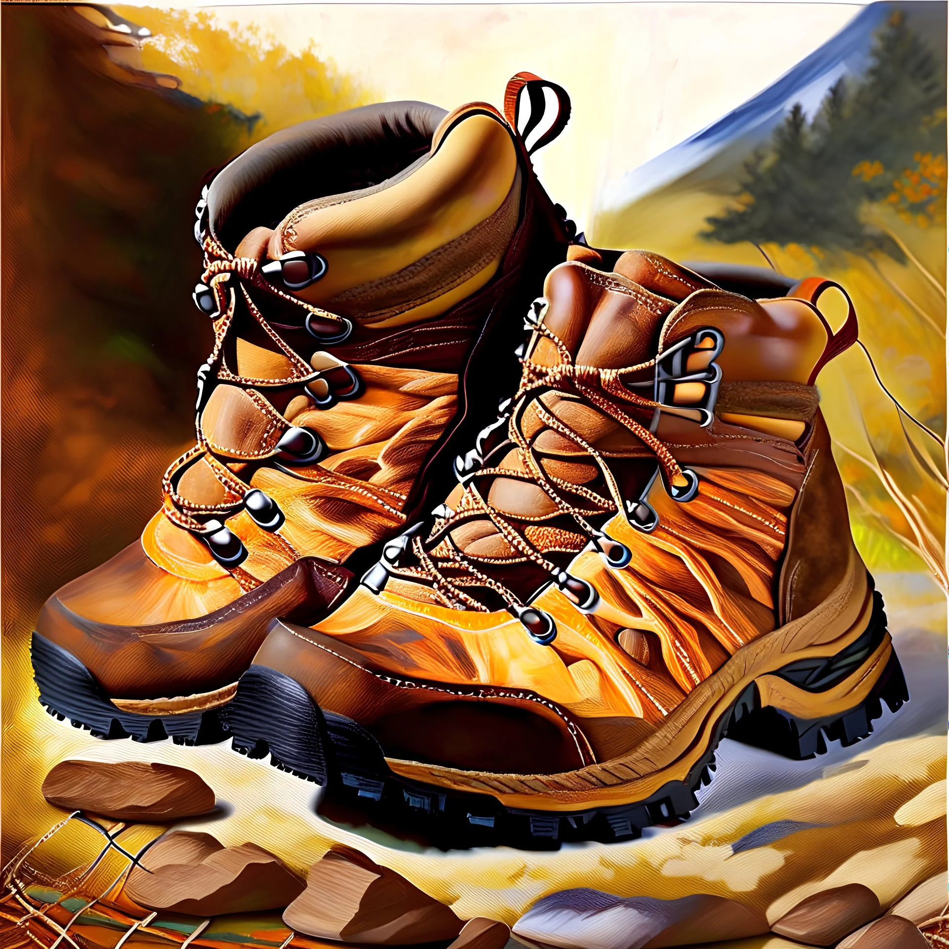 brown hiking shoes, art, acrilyc colors, bright, masterpiece, realistic