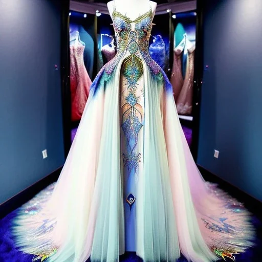 stunning couture gown designed by Marchesa inspired by fairies, realistic epic fantasy colors, detailed, high quality, intricate, fantasyland background,