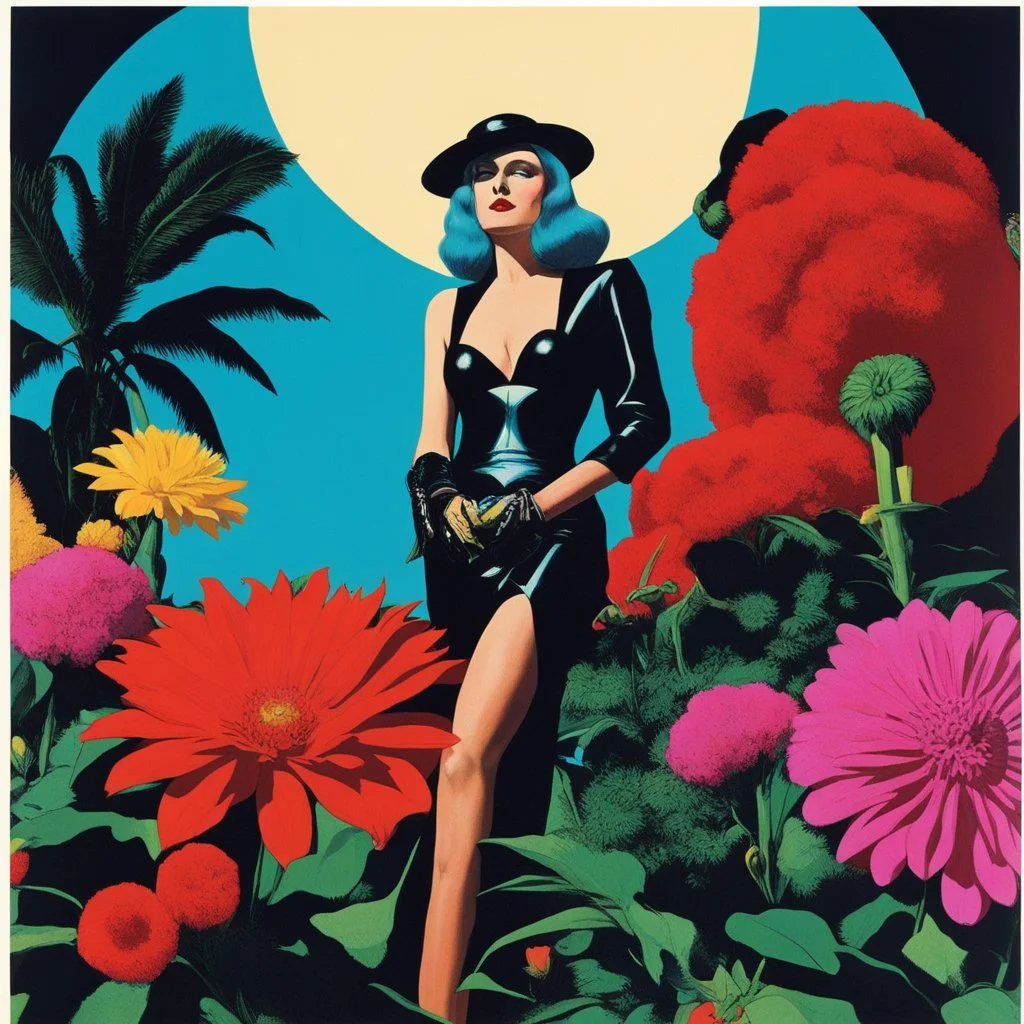 [colour collage art by Helmut newton and David Hockney] false east, nightmare embrace, pulp sci-fi, retro, dark sci-fi, hippie aesthetic, flower power, trippy colors, tarot, macabre, pin-up girls