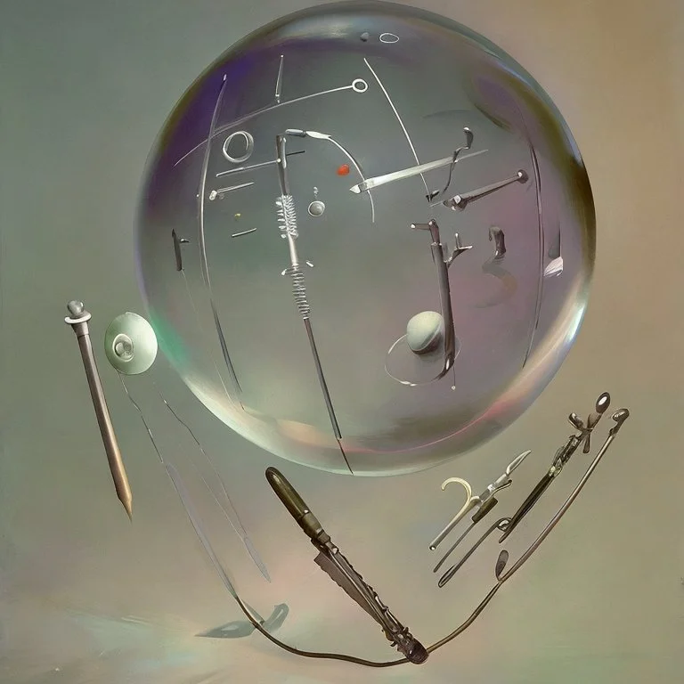 unverse-like Soap Bubble including complex surgical instruments mixed with musical instruments,Painting By Adrian Ghenie, Rene Magritte, Salvador Dali, Lucian Freud