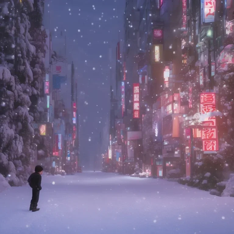 foto tirada por tras de um homem solitário sentado no chão, nas ruas de tokyo, na neve na noite de natal