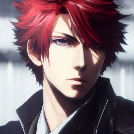 Detailed anime boy, crimson red hair, classic taper hairstyle, dante dmc5 hair style, wolf ears, white trench coat, intricate details, full body portrait, keep head in frame, slight smile, black Japanese motif, concept art, highly detailed, digital painting, concept art, sharp focus, illustration, art by Yoji Shinkawa, WLOP and greg rutkowski and alphonse mucha and artgerm and yanjun Chen and Junji ito and Makoto Shinkai, HDR, octane render