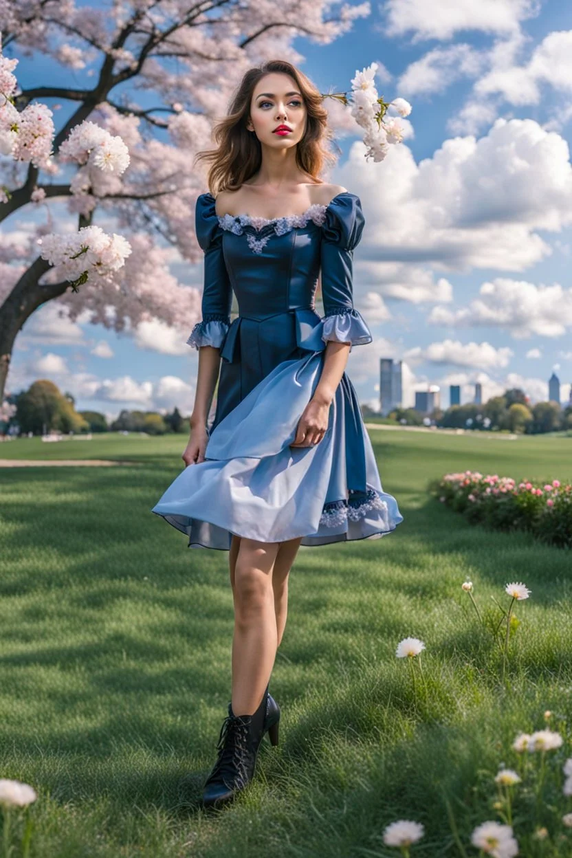 fullbody girl makeup wearing a victorian short dress walking in moder city of 2040 park ,flowers ,pretty clouds in blue sky,city escape.