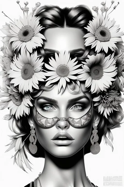 hyper detailed, black and white, thick line, coloring book illustration, lineart, stunningly beautiful woman in flowers