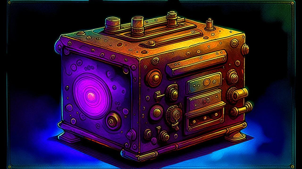 John Harris Style page, dark serious 1990s style, ((masterpiece, best quality)), (((solo))), full color, retro anime style, full color, dark serious 1980s steampunk puzzle box, magic, watercolor,
