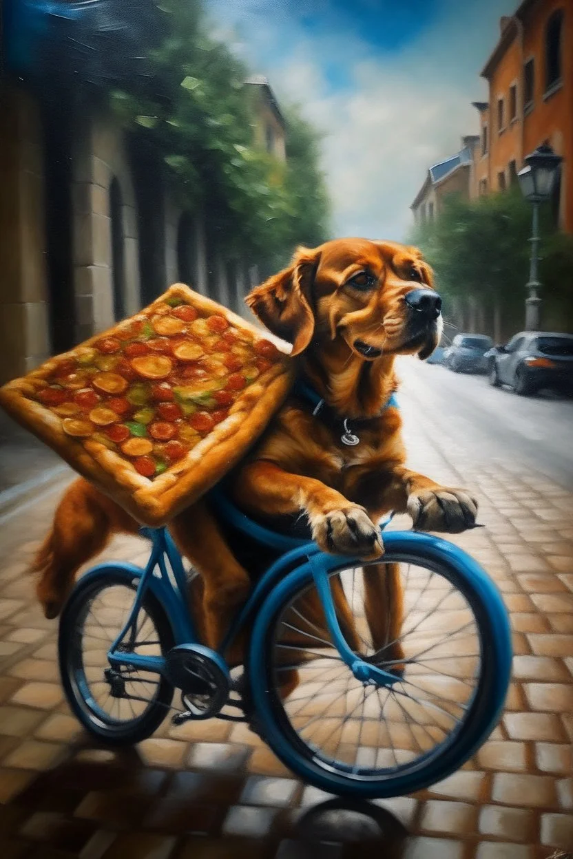 oil painting with a dog biking with a pizza