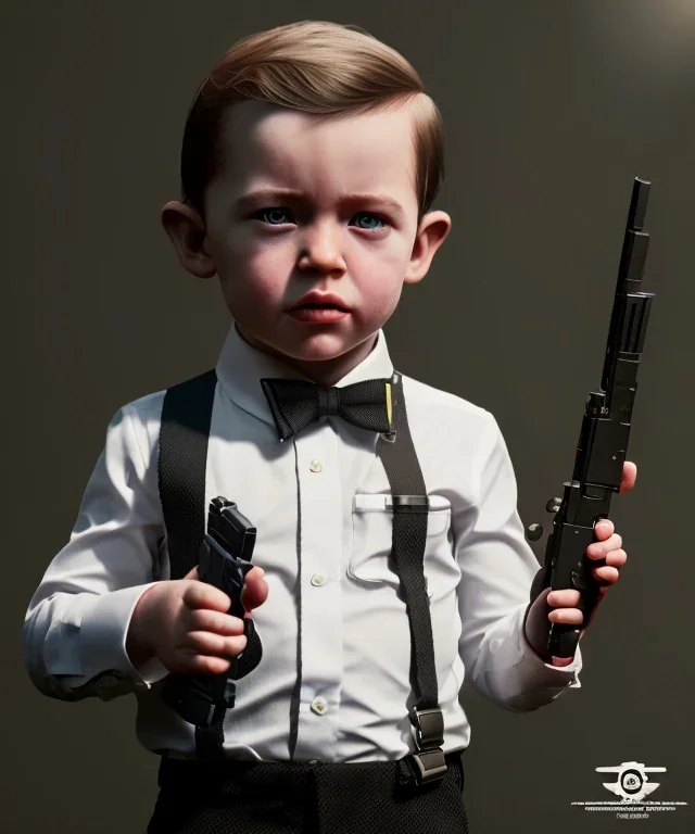 James bond toddler, full body, gun, car, dramatic lighting, hyper realistic